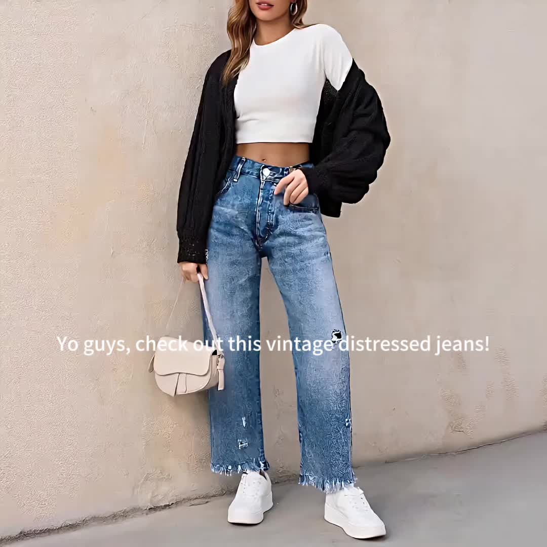 Tassel Hem Slim Jeans for Women Casual Straight Leg Blue Denim Pants All-Match Fringe Trouser Legs Everyday Fashion S-XXL
