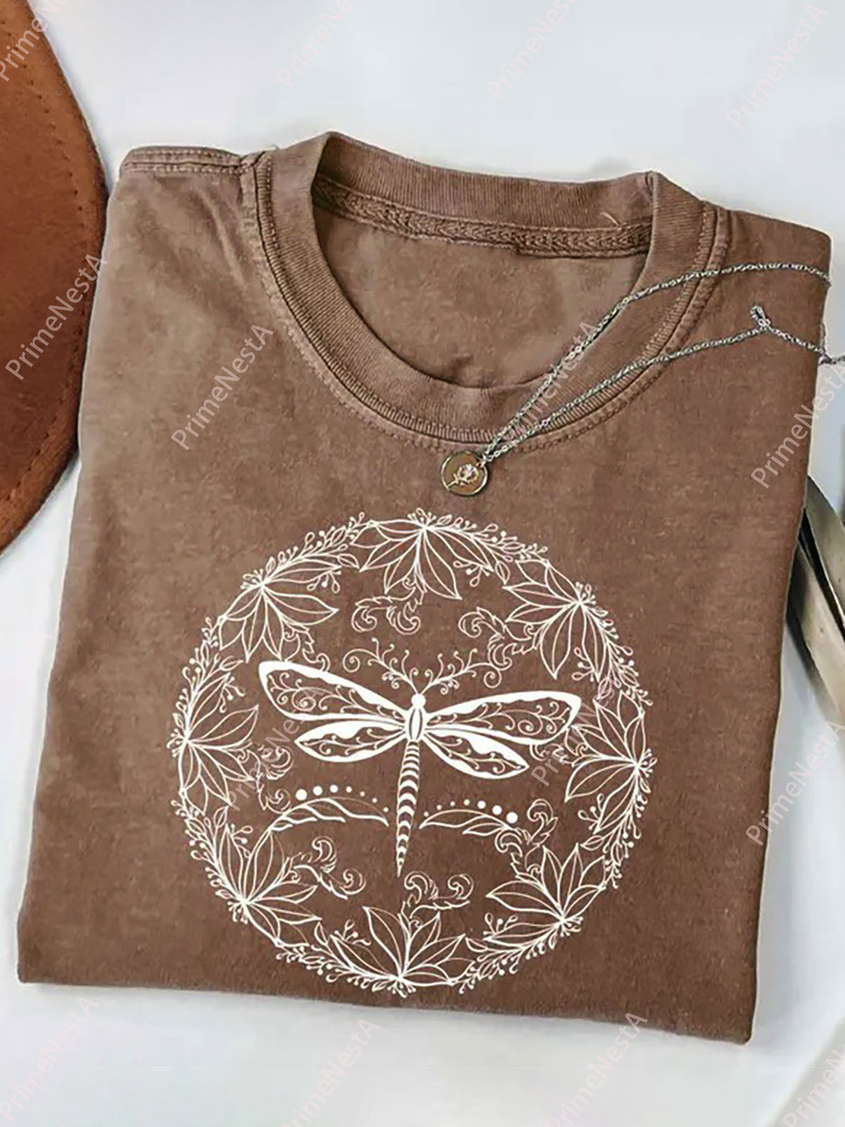 Batik Dragonfly Print Washed T-Shirt Women Retro Geometric Positioning Print Micro-Elastic 230gsm Soft Knit Casual All-Season Spring Summer Fall Holiday Gift S-XXL