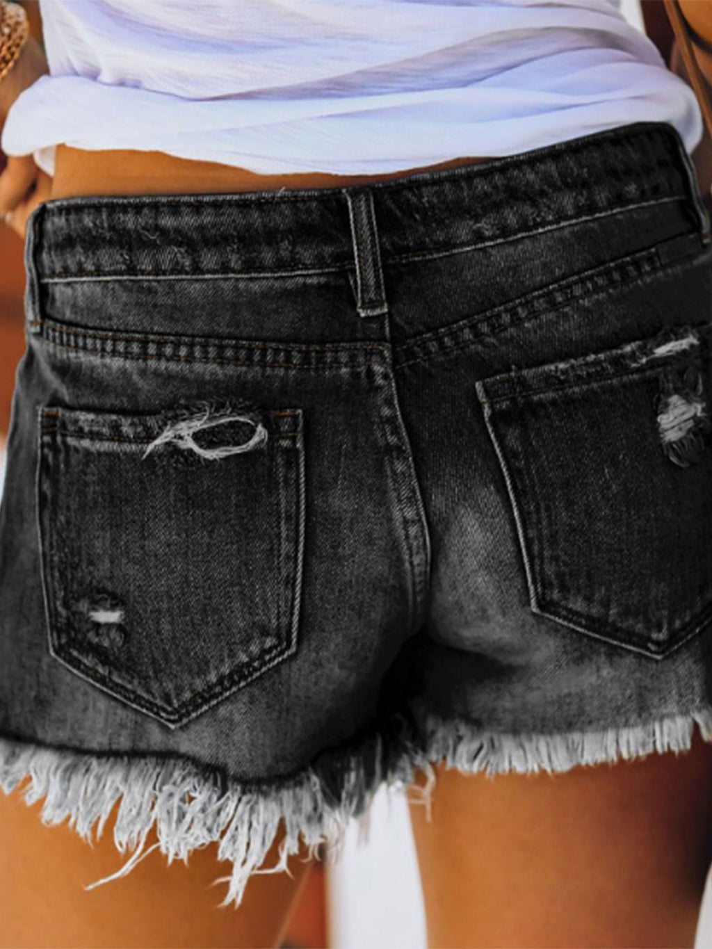 Women Ripped Stretch Denim Shorts Mid Rise Straight Leg Frayed Hem Casual Summer Hot Pants 85% Polyester Machine Washable | Mira Roam