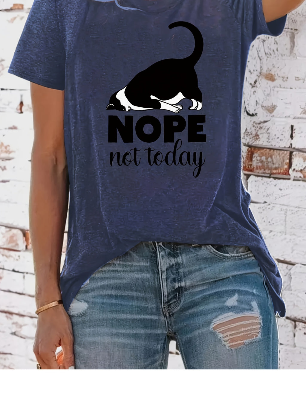 Cute Cat Graphic T-Shirt Women Nope Not Today Slogan Sleeping Cat Print Crew Neck Casual Fun Whimsical Tee Cat Lover Gift Birthday Holiday Top S-XXL
