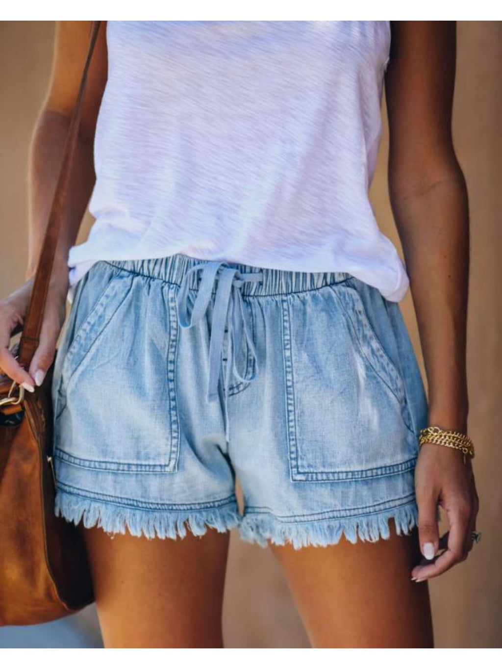 High Waist Fringe Denim Shorts Women Elastic Waist Tassel Hem Casual Elegant Sexy Daily Fashion Jean Shorts