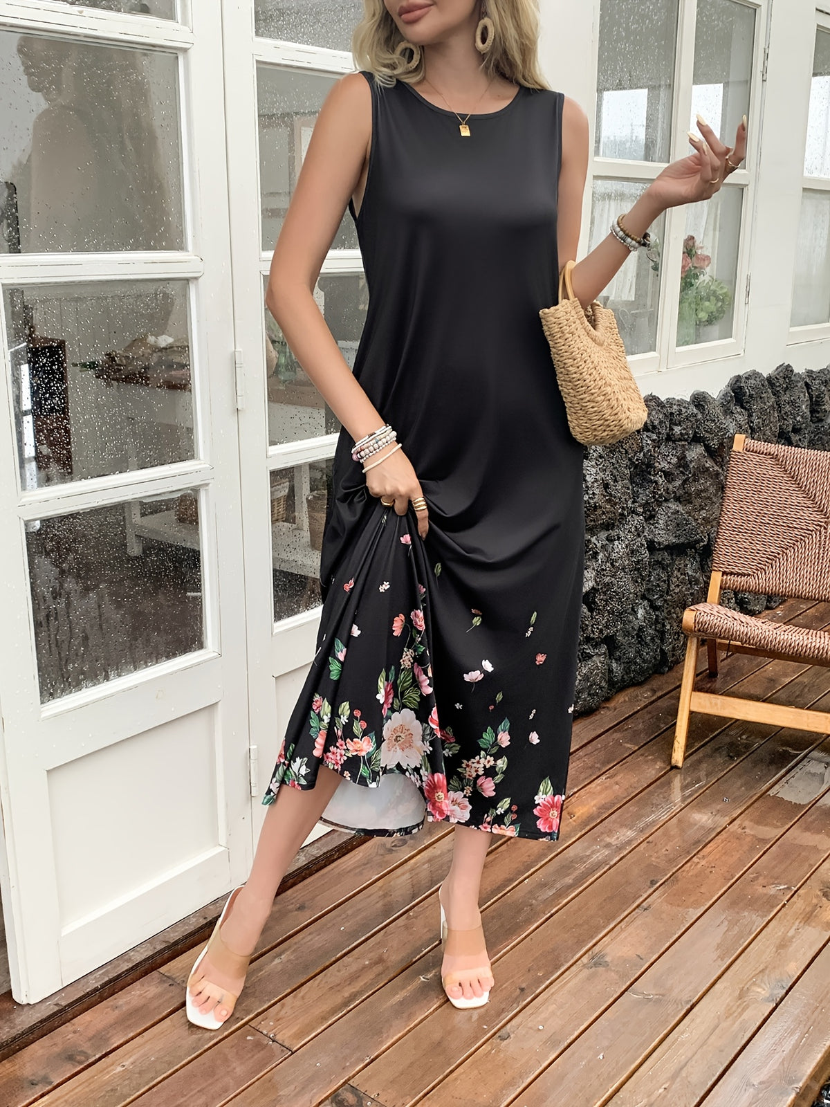 Floral Print Spaghetti Strap Dress Women Pocket Sleeveless Digital Print Midi Dress Casual Elegant Evening Holiday Dress S-XXL