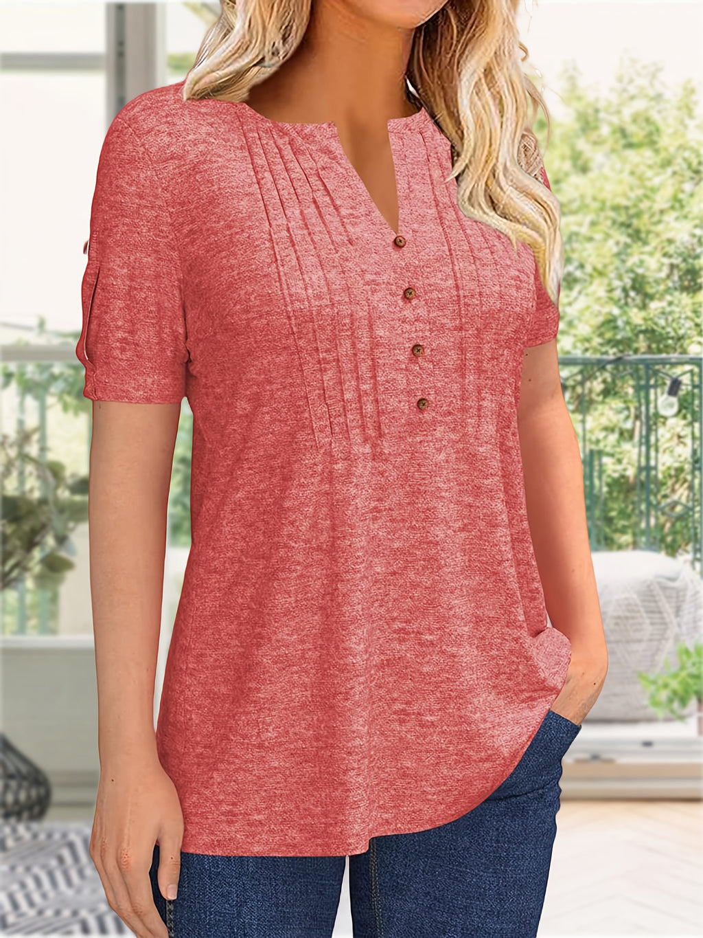 Button Front V-Neck Top Women Pleated Detail Short Sleeve Solid Color Casual Summer Blouse Lightweight Breathable Machine Washable
