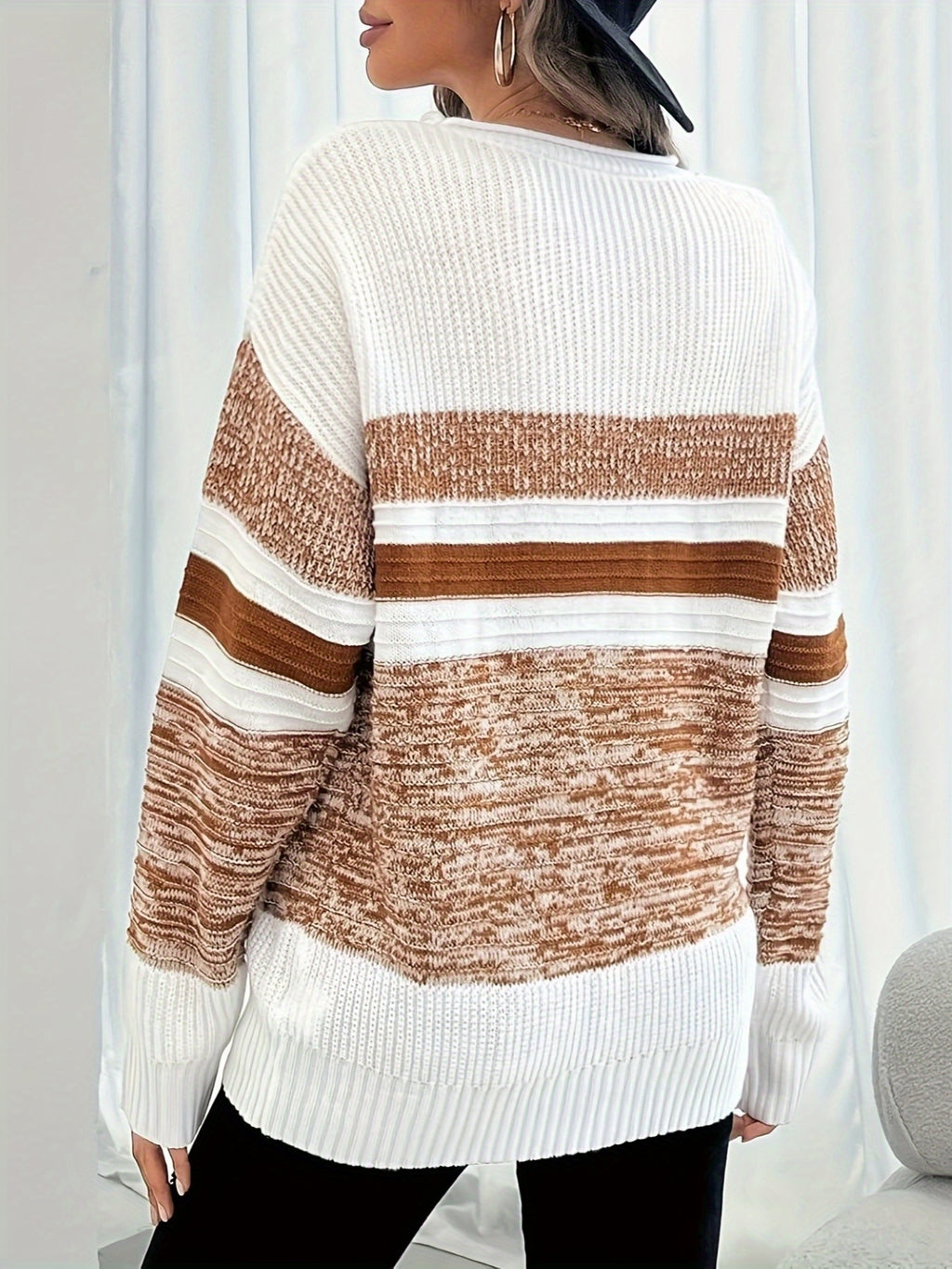 Striped Color Block Ribbed Sweater Women Long Sleeve Pullover Casual Knit Top Fall Winter S-XXL