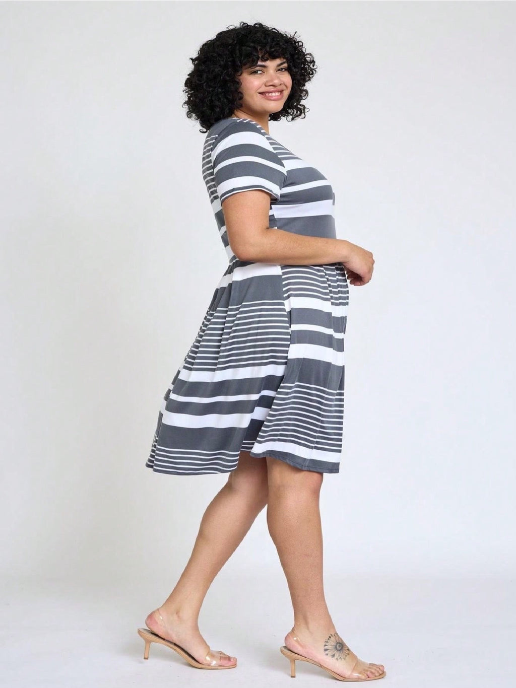 Paisley Floral Swing Dress Women Chevron Stripe Patchwork Pleated Square Neck Elastic Waist Midi Casual Plus Size S-3X