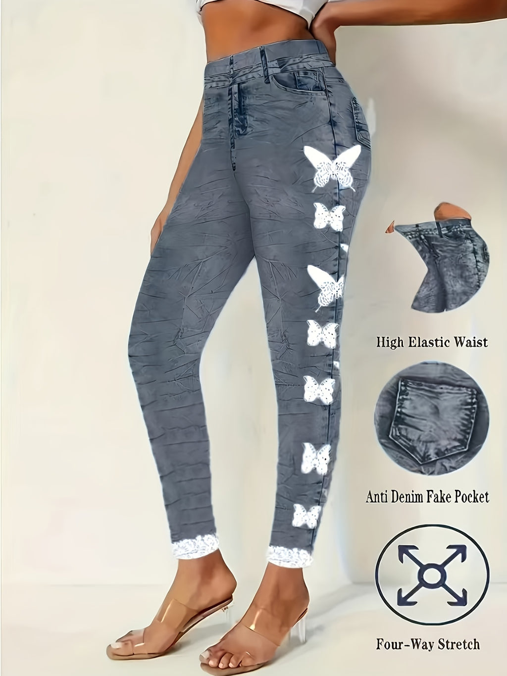 Butterfly Print Imitation Denim Leggings Women Elastic Fake Pocket All Season Casual Vacation Machine Washable S-XXL