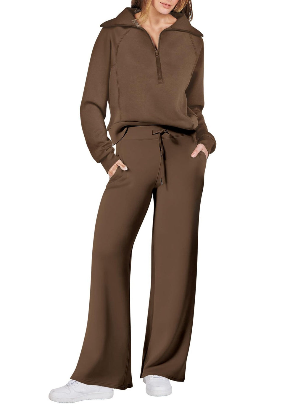 Zipper Sweatshirt Wide-Leg Pants 2 Piece Set Women Casual Tracksuit Outfit for Spring Fall - Loose Fit Jogger Co-ord Set