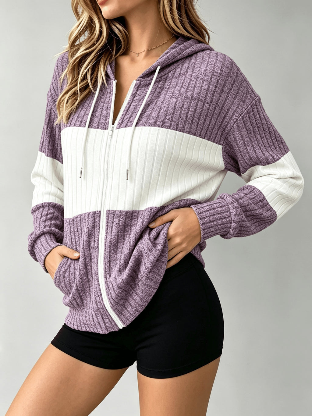Color Block Hooded Cardigan Lightweight Loose Fit Long Casual Women Spring Fall Layering Jacket Coat