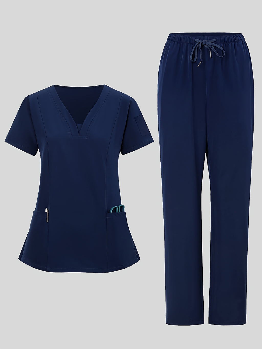 2pcs Women's V-Neck Work Uniform Set Breathable Pocket Top & Pants - Machine Washable Matching Scrub Suit for Healthcare, Education, Retail Casual Professional Attire