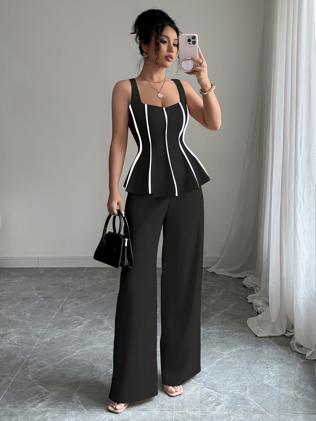 2 Piece Camisole Crop Top and Wide Leg Pants Set Women Solid Color Elegant Summer Suit Outfit S-XXL