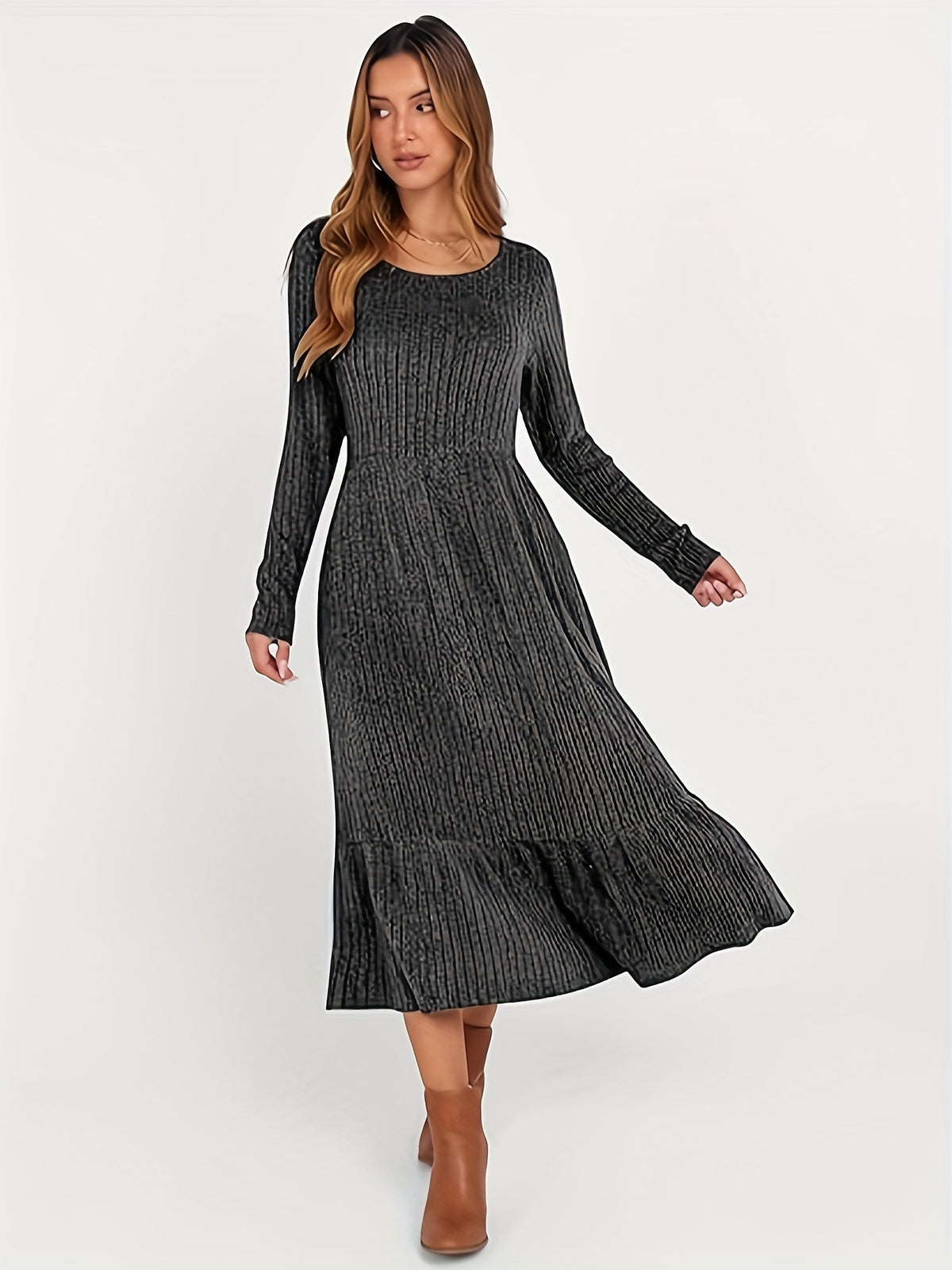 Ribbed Waist-Cinched Maxi Dress for Women | Crew Neck Knit Long Dress with Pockets | Warm Flattering Fall Winter Dress | Solid Color Office Casual Dress Women
