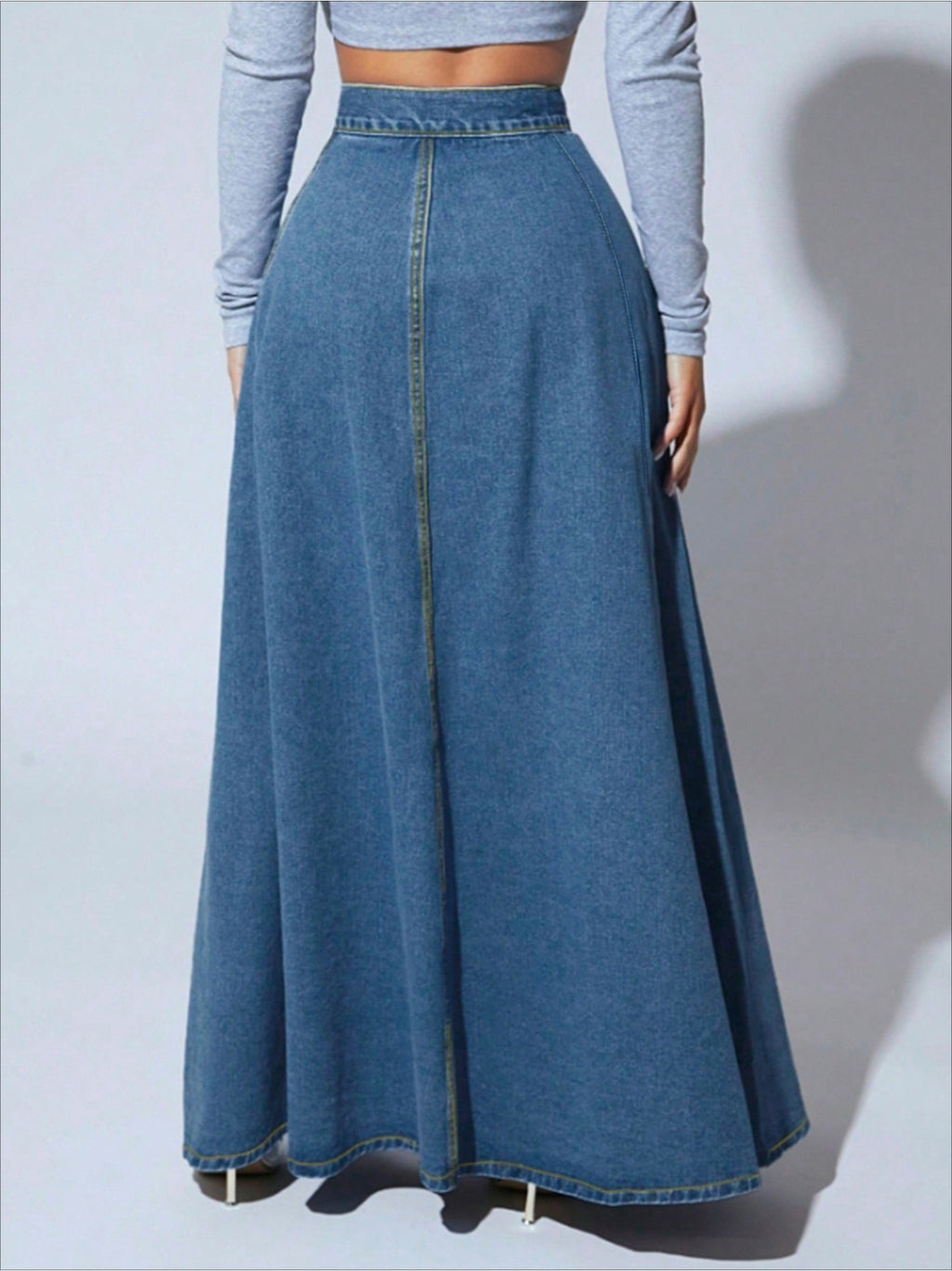 Women Single Breasted Denim Midi Skirt Vintage Flared A-Line Lace Patchwork Flowy Dark Blue XS-XXL Spring Summer Fall
