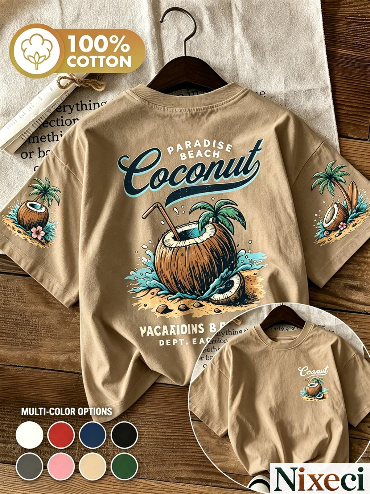Tropical Palm Print T-Shirt for Women – Retro Hawaiian Coconut Tree Short Sleeve Crewneck Loose Beach Vacation Top, Casual Surfing Poolside Shirt