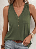 Women's V Neck Button Front Tank Top Y2K Sleeveless Pocket Solid Color Summer Casual Top