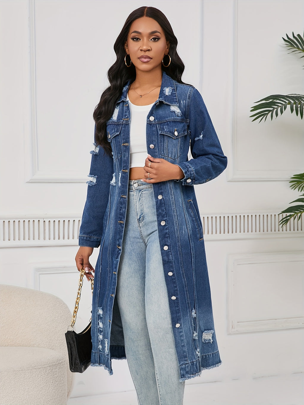 Long Ripped Washed Denim Jacket Women Real Pockets Lapel Collar Casual Windbreaker Spring Fall Light Blue Dark Blue
