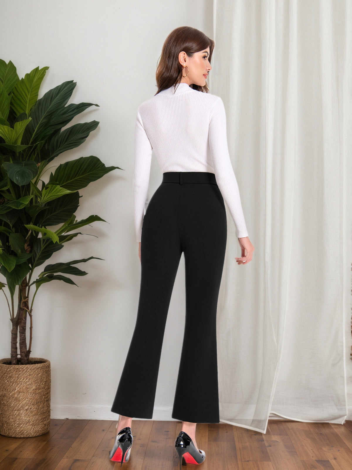 Plaid Flare Pants Women High Waist Tie Belt Slim Fit with Pockets Elegant Office Work Trousers Chic Tailored
