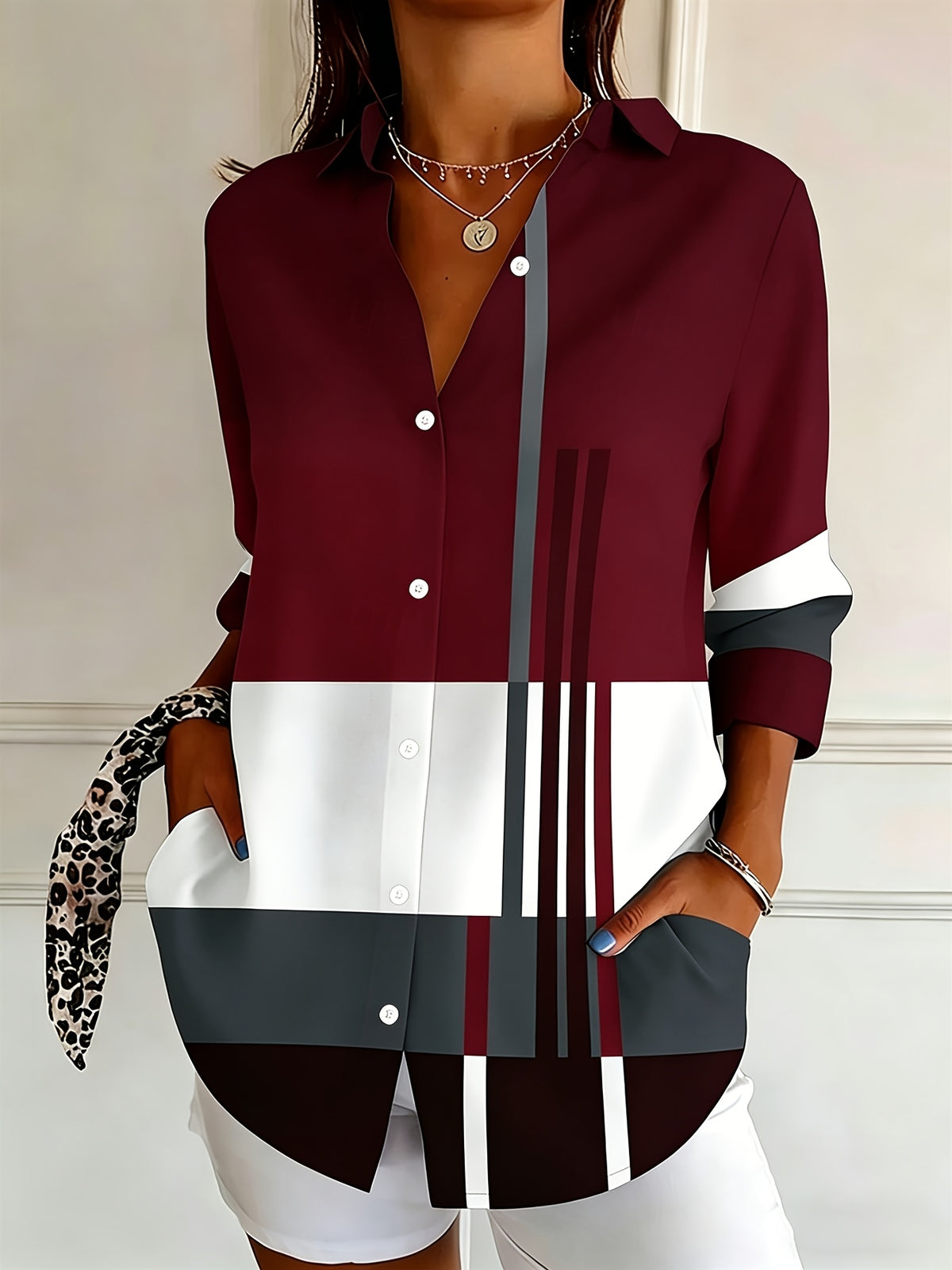 Color Block Button Blouse Long Sleeve Office Work Shirt Women Lightweight Striped Elegant Top