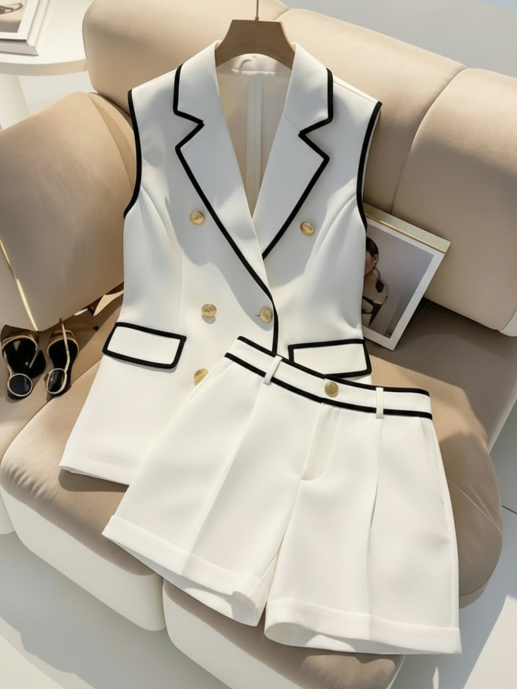 Double-Breasted Vest & Shorts 2-Piece Set for Women - Black White Contrast Trim Polished Casual Suit Chic Matching Outfit