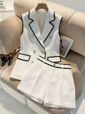 Double-Breasted Vest & Shorts 2-Piece Set for Women - Black White Contrast Trim Polished Casual Suit Chic Matching Outfit