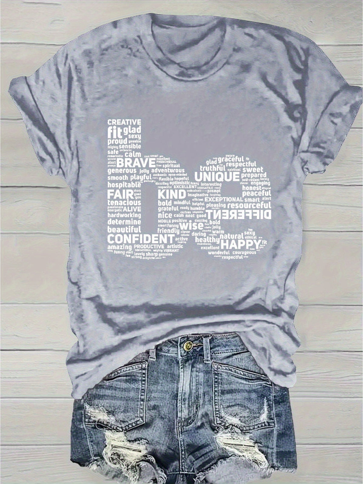 Inspirational Word Cloud Print T-Shirt Women Round Neck Short Sleeve Light Grey Positive Affirmation Casual Tee Spring Summer S-XXL