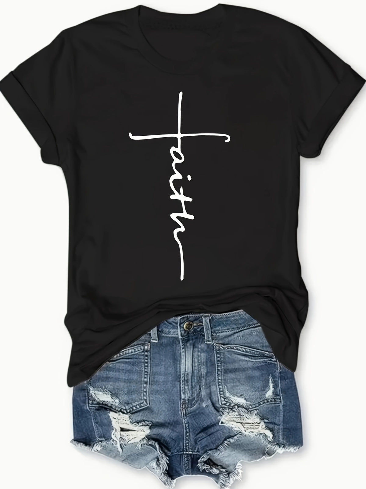 Women's Casual Letter Cross Floral Print T-Shirt Short Sleeve Round Neck Top | S-XXL Dark Gray Black White
