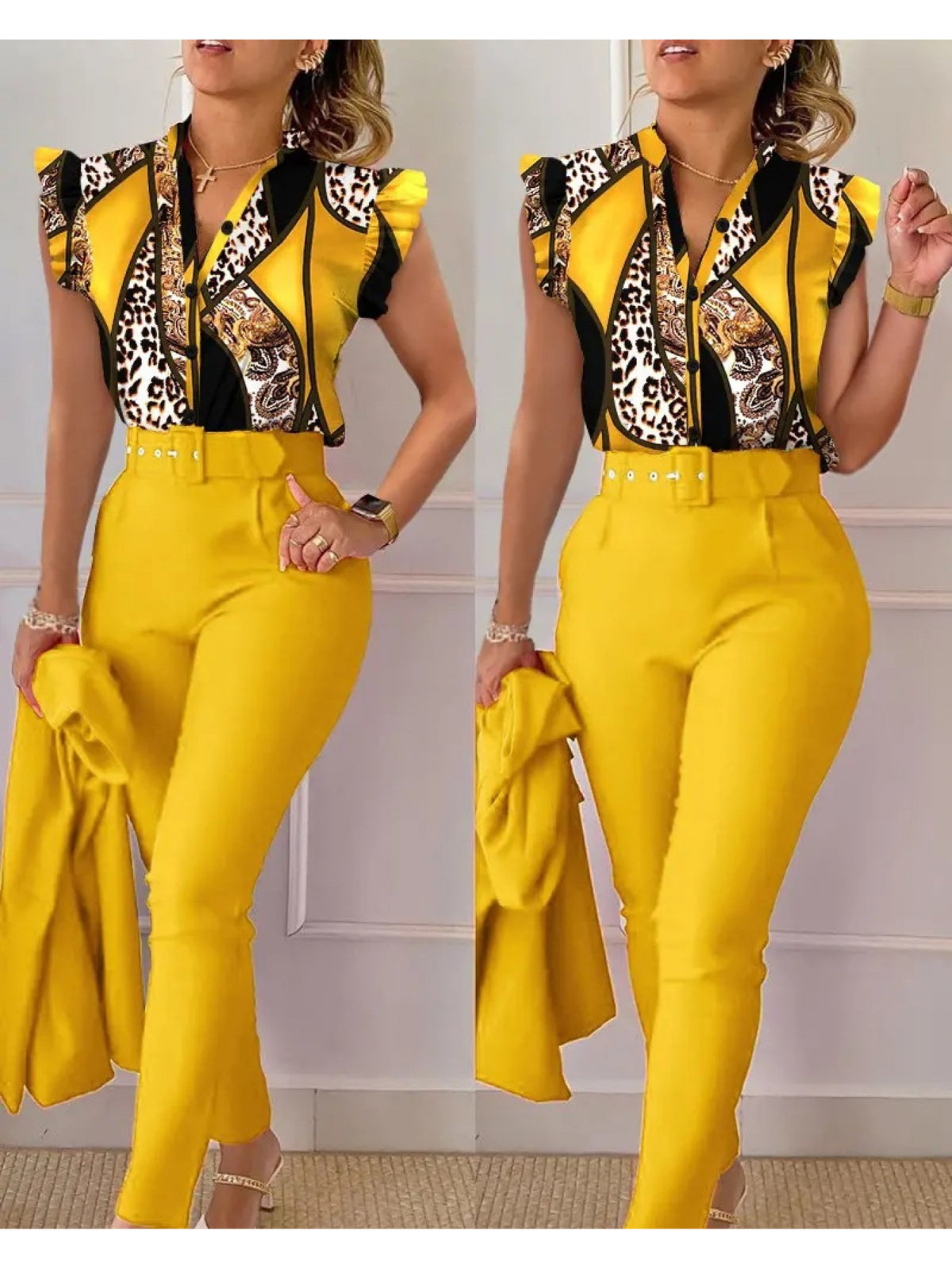 Printed Lotus Leaf Ruffle Sleeve Top Pants 2 Piece Set Women Belt Leopard Camo Print Spring Summer Outfit S-XXL
