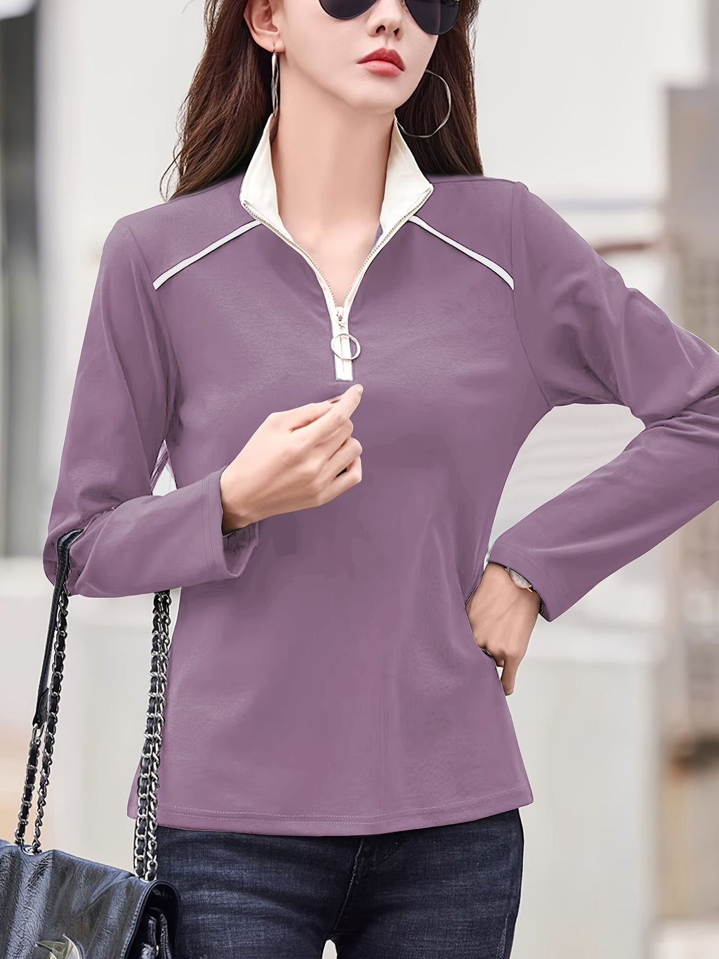 Zipper Collar Blouse Women Elegant Metal Zipper Accent Solid Color Stretchy Casual Formal Spring Summer Top S M L XL XXL