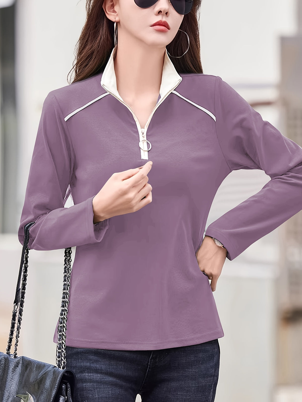 Zipper Collar Blouse Women Elegant Metal Zipper Accent Solid Color Stretchy Casual Formal Spring Summer Top S M L XL XXL