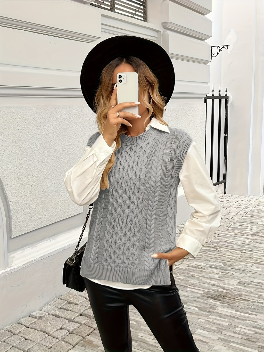 Cable Knit Sweater Vest Women Sleeveless Round Neck Slit Hem Solid Color Layering Top - Casual Semi-Formal Acrylic Knitwear Spring Summer Fall