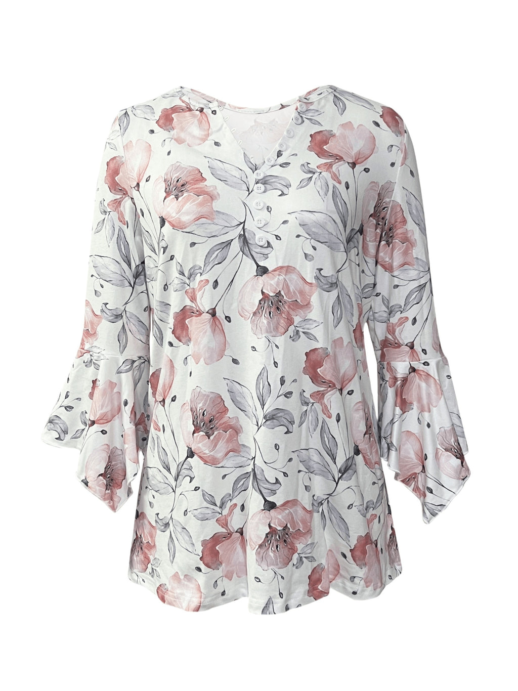 Printed Button V-Neck Women Blouse Irregular Three Quarter Sleeve Casual Top Stretch Knit Spring Fall Everyday Shirt