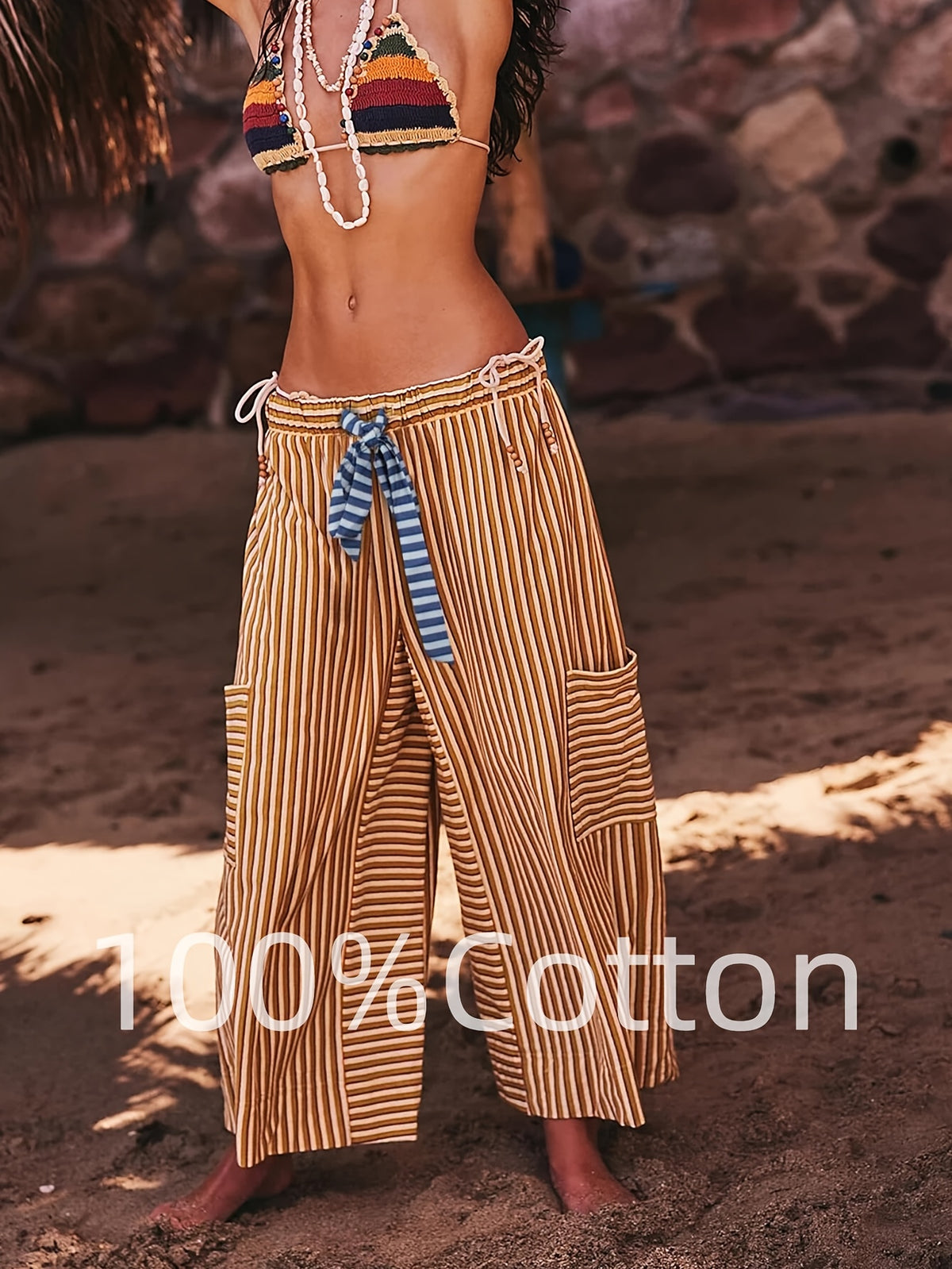 Striped Wide Leg Pants for Women – Horizontal Stripe Elastic Drawstring Waist Side Pockets, Casual Lounge Trousers Machine Washable Spring Summer Warm Weather Airy Comfortable Bottoms S-XXL