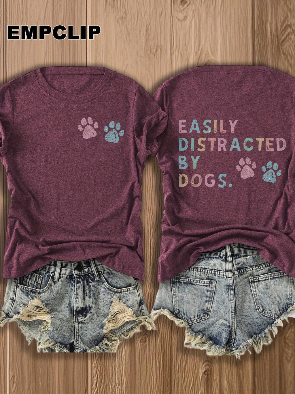 Dog Lover T-Shirt Easily Distracted by Dogs Paw Print Graphic Tee Women Short Sleeve Crew Neck Casual Summer Top Pet Owner Gift Burgundy White Apricot Red