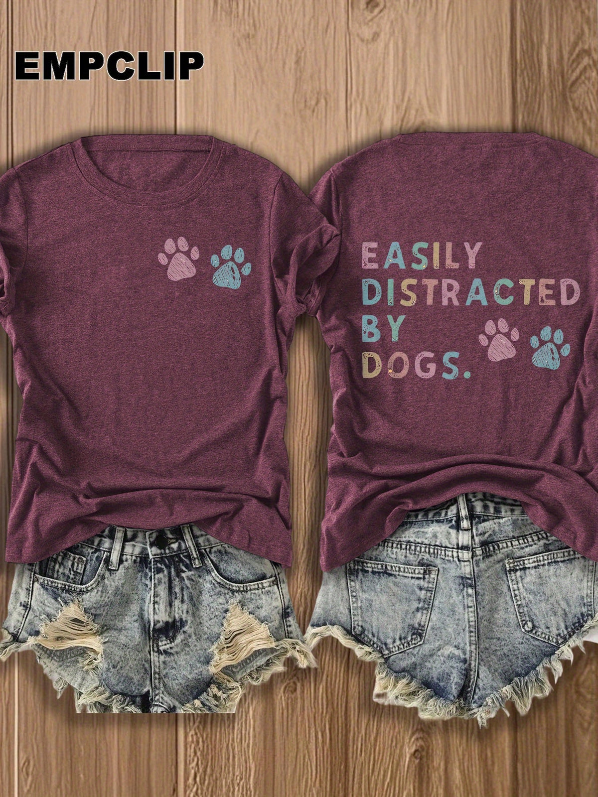 Dog Lover T-Shirt Easily Distracted by Dogs Paw Print Graphic Tee Women Short Sleeve Crew Neck Casual Summer Top Pet Owner Gift Burgundy White Apricot Red