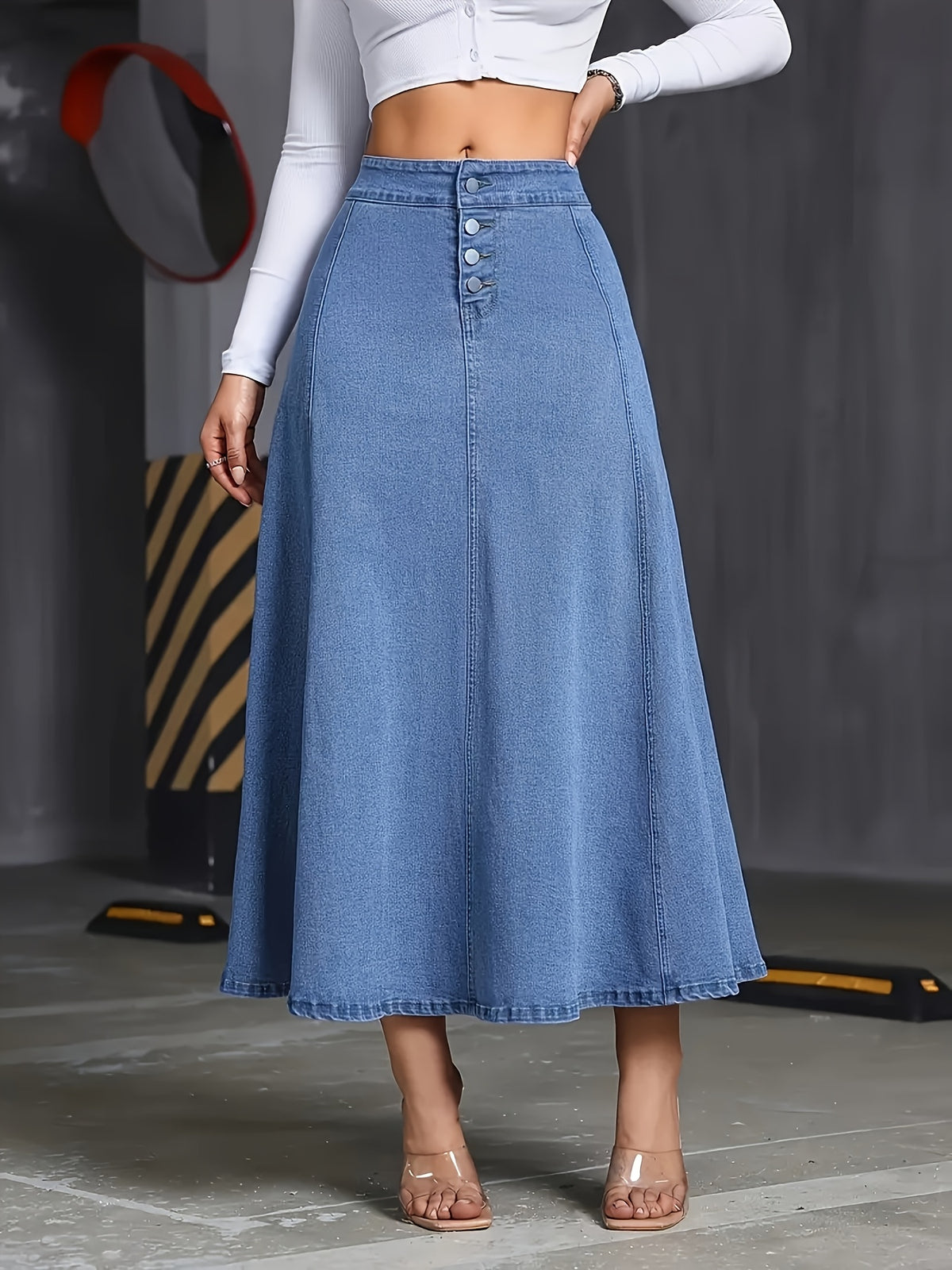 Stretch Denim A-Line Flare Skirt Women Wide Swing Button Detail Machine Washable Medium Blue Casual Formal Spring Summer Fall M-XL