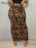 Paisley Floral Mesh Mermaid Maxi Skirt Women High Waist Slim Pencil Long Skirt Elegant Date Brunch Street Style Spring Summer Fall S-XL