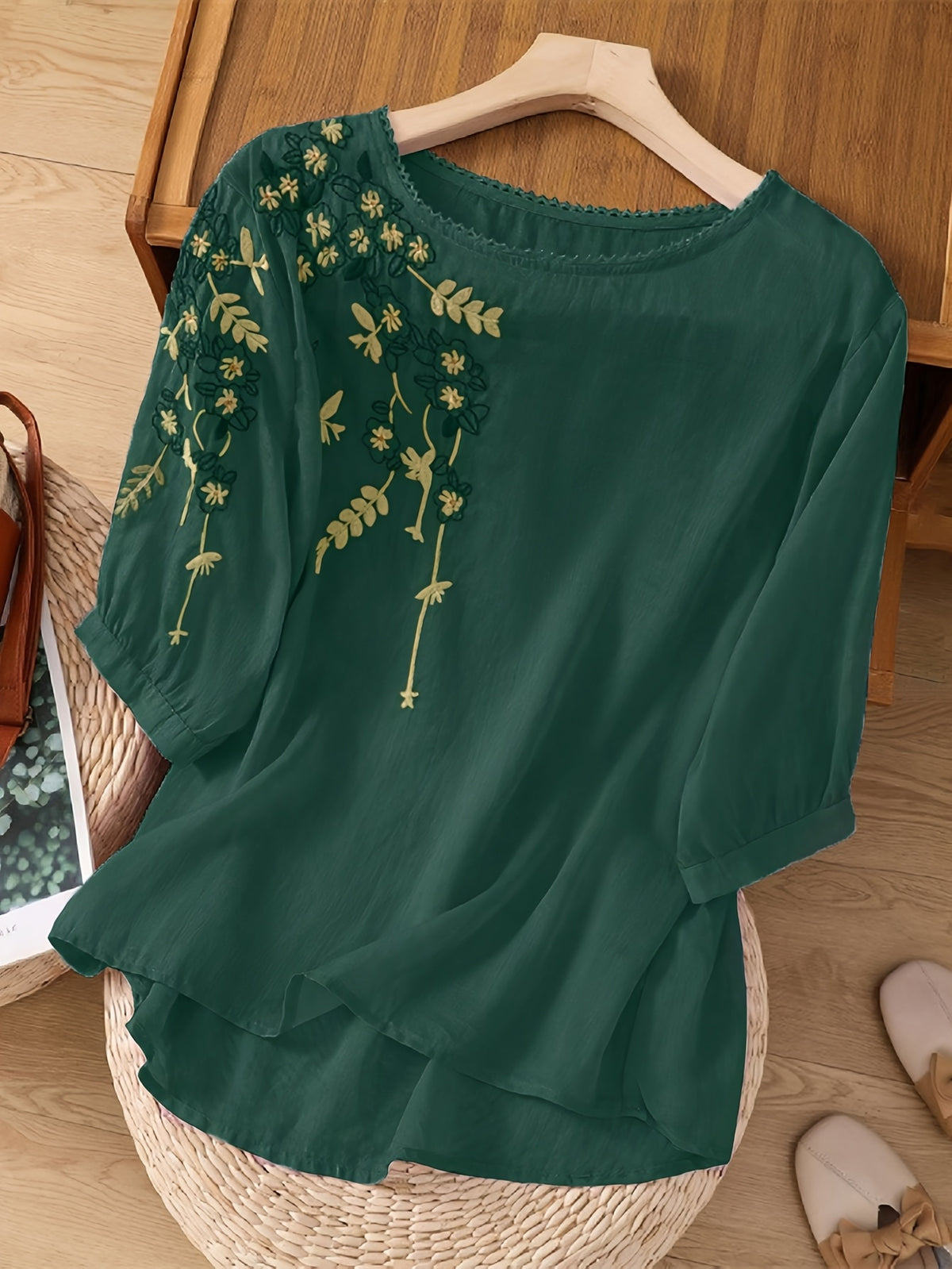 Embroidered Viscose Shirt Women Retro Artistic Loose Fit Top Spring Summer Blouse Light Purple Blue Green Rose Red S-XXL