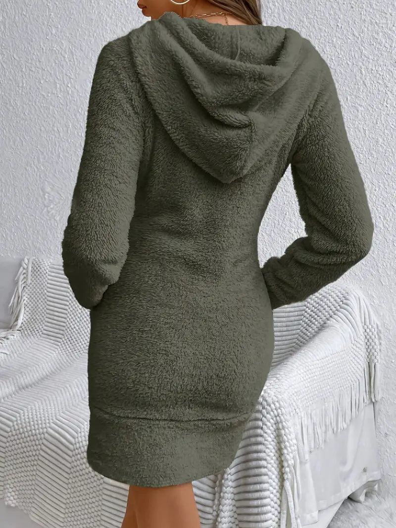 Hoodie Sweatshirt Dress Women Long Sleeve Pullover Casual Drawstring Pocket Knit Dress Ivory White Black Red Olive S-XXL