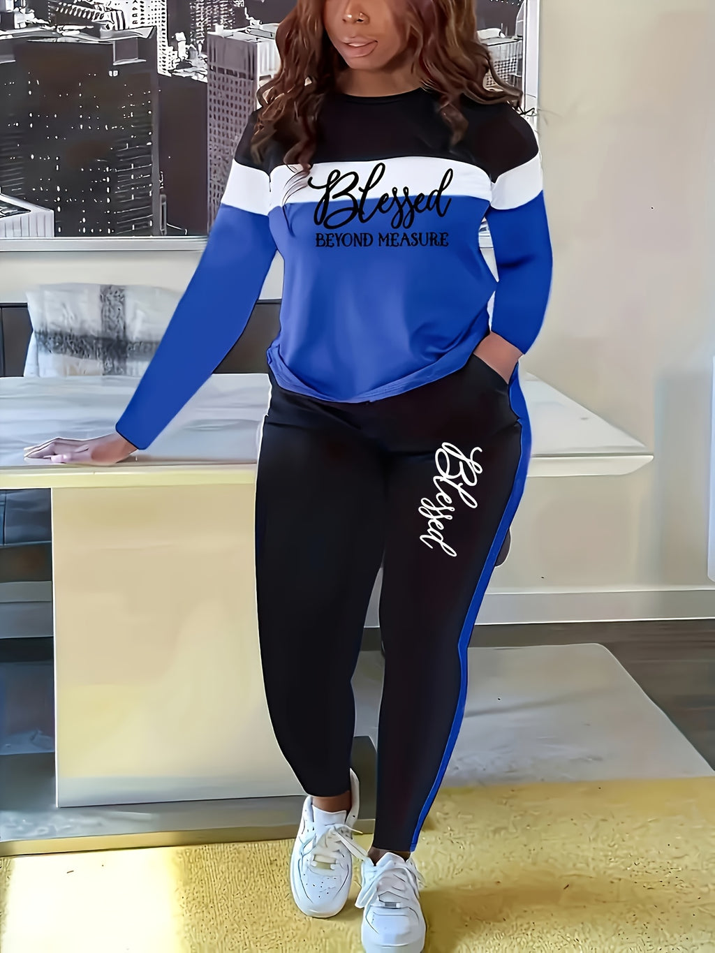 Women's Blessing Print 2pcs Set Contrast Color Crew Neck Long Sleeve Top Pants Suit Casual Outfit S-XXL