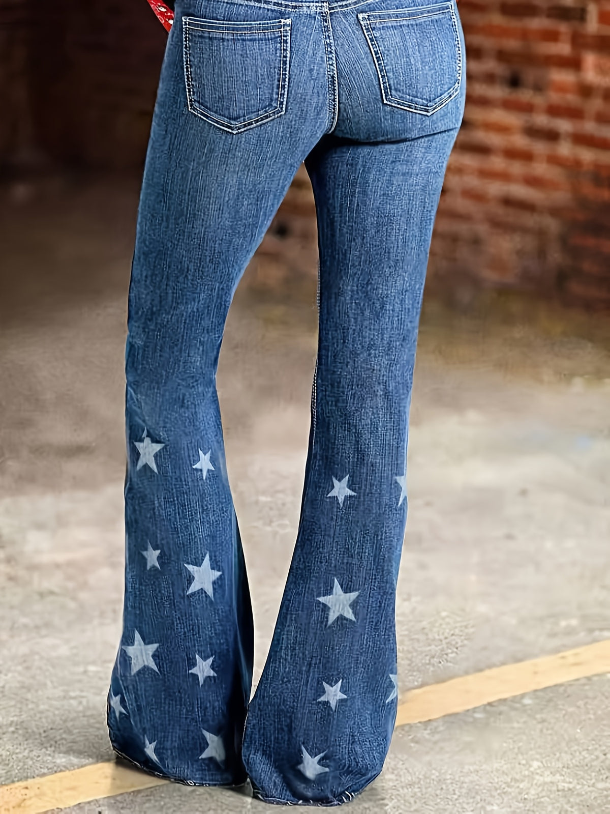 Star Print Slim Fit Flare Jeans for Women - Ankle Patchwork Stretch Denim, Stylish Wide-Leg Flared Pants for Casual & Going Out Outfits