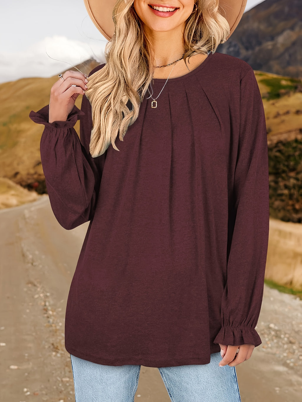 Pleated Ruffle Blouse Women's Long Sleeve Loose Fitting Tunic Top Crew Neck Solid Color Shirt S-XXL | Mira Roam