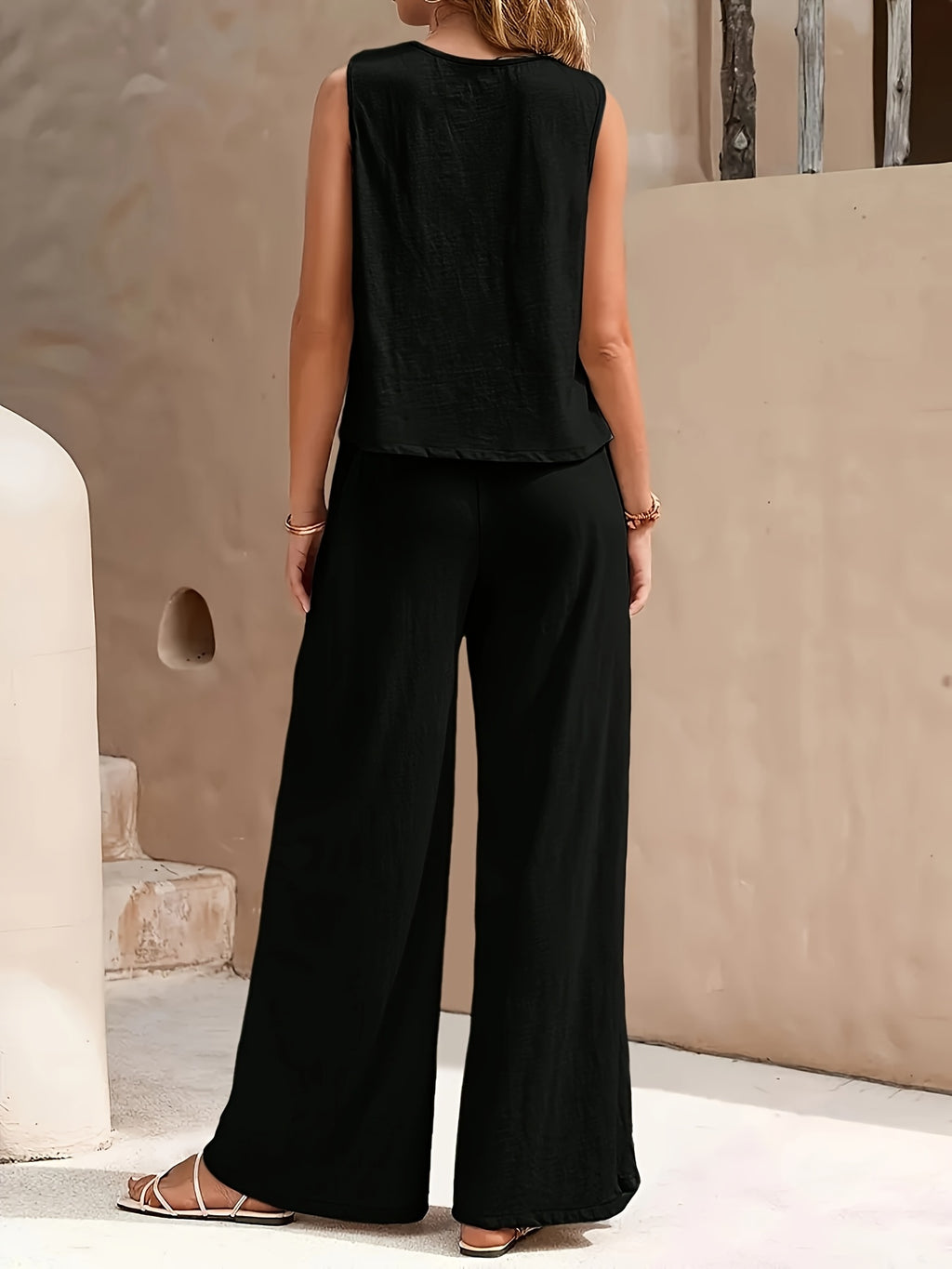 Red Sleeveless Top and Wide Leg Pants 2 Piece Set for Women – Solid Color Smooth Fabric Casual Elegant, Spring Summer, Sizes S-XXL