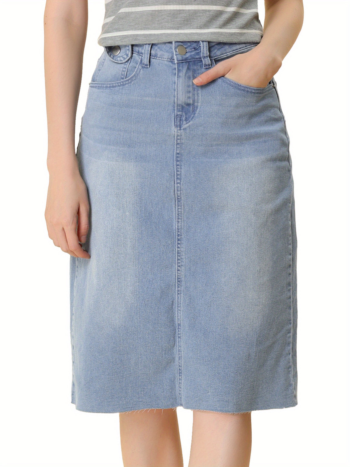 High Waist Denim Midi Skirt Women A-Line Back Slit Stretch Casual Jean Skirt Raw Hem Flared Spring Summer 2025