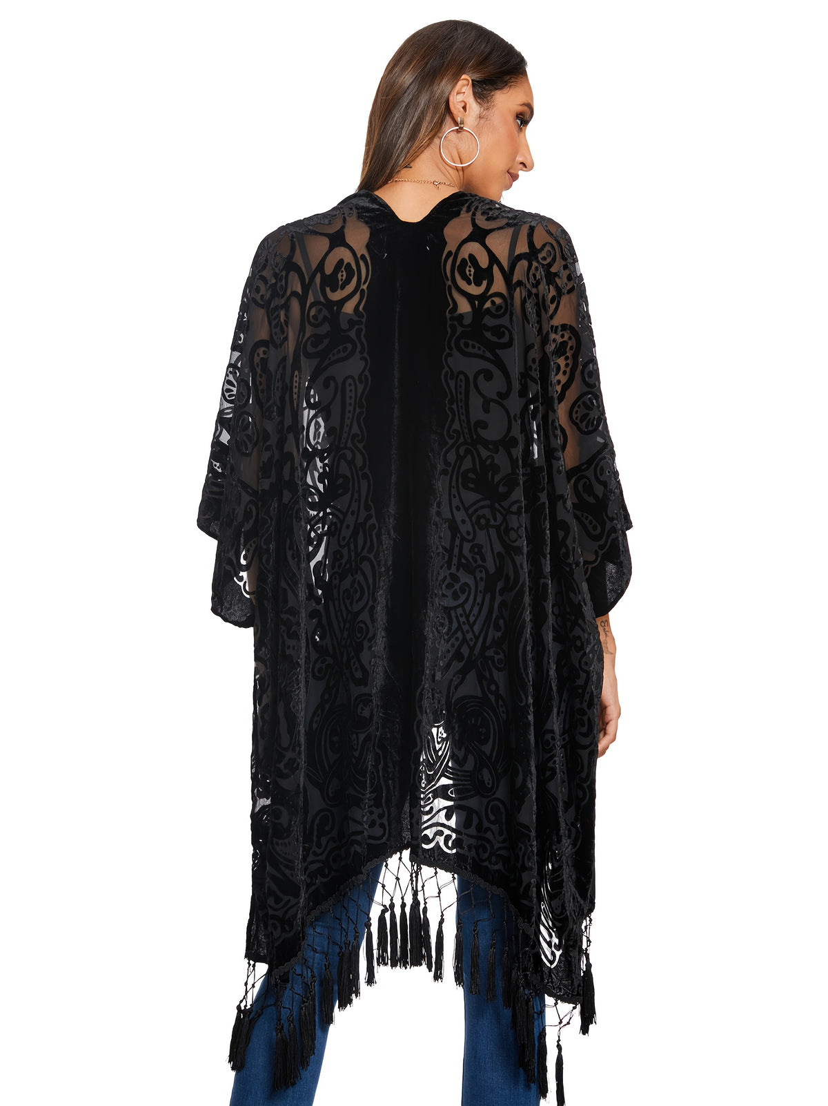 Boho Burnout Velvet Kimono Women Long Cardigan Cover Up Tassel Floral Embroidered One Size