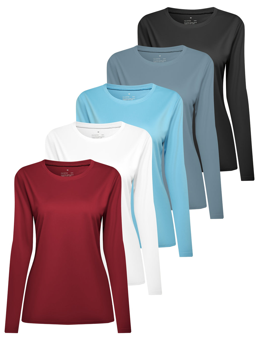 Women's Long Sleeve Active Sports T-Shirt 5-Pack – Moisture-Wicking Yoga Gym Workout Tee Set, Multiple Colors, Casual Everyday Wear