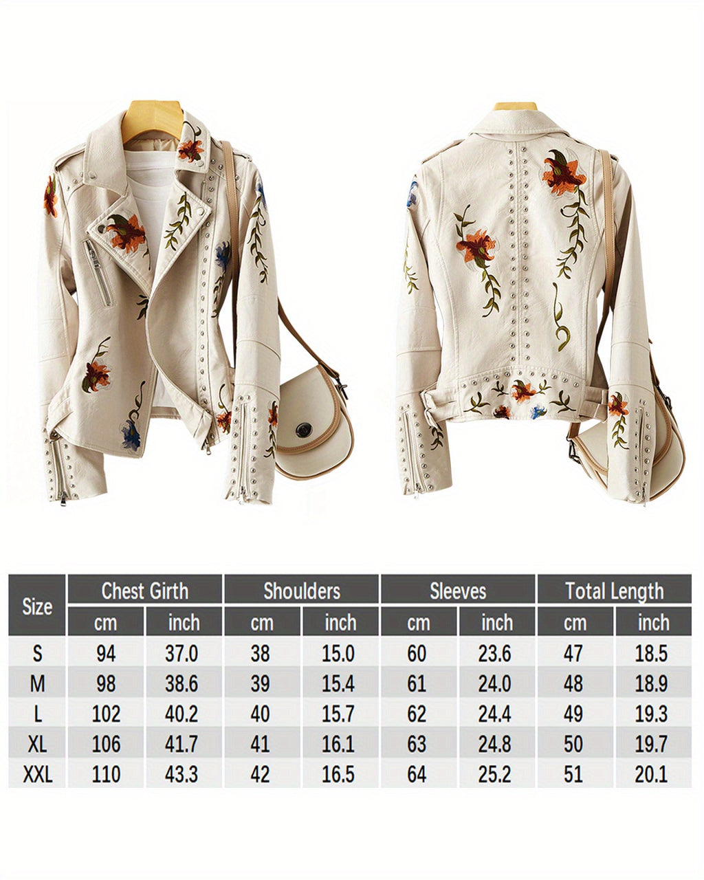 Floral Embroidered Moto PU Jacket Women Studded Faux Leather Coat Casual All Season Streetwear Biker Jacket