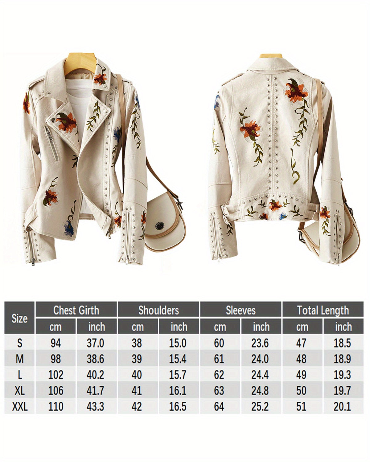 Floral Embroidered Moto PU Jacket Women Studded Faux Leather Coat Casual All Season Streetwear Biker Jacket