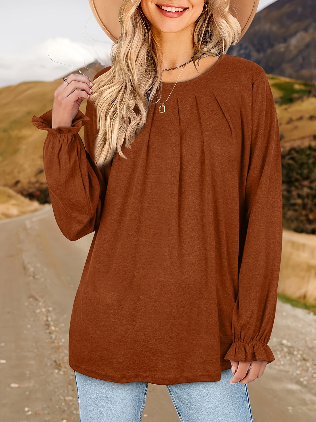 Pleated Ruffle Blouse Women's Long Sleeve Loose Fitting Tunic Top Crew Neck Solid Color Shirt S-XXL | Mira Roam