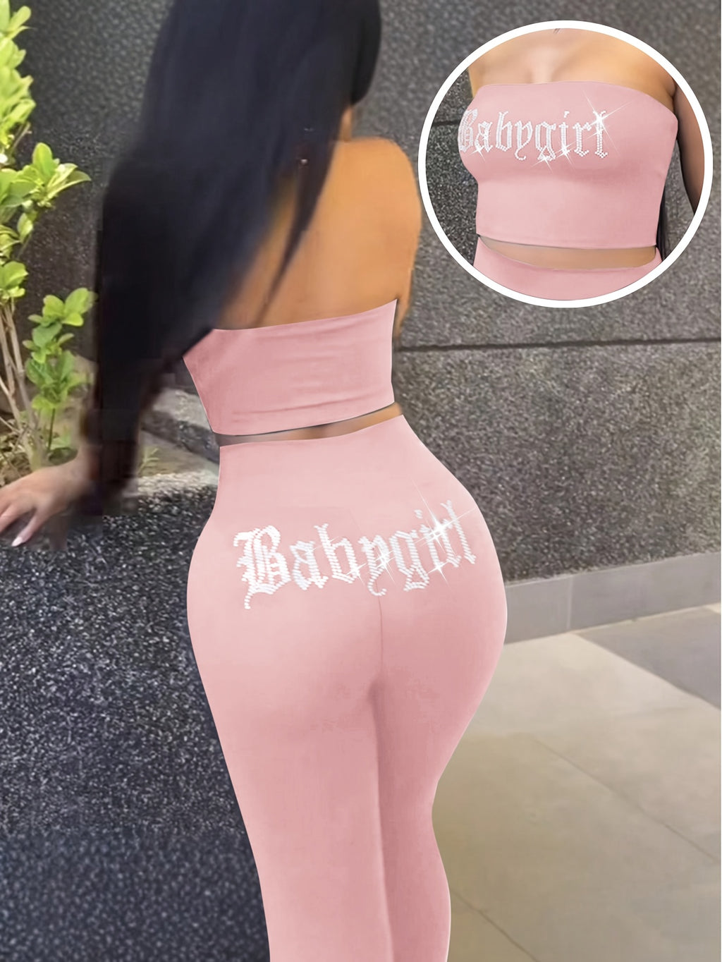 Rhinestone Strapless Crop Top High Waist Flare Pants 2 Piece Set Women Black Bodycon Streetwear Spring Summer S-XXL