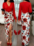 Women's Floral Print Splicing Dress V-Neck Drawstring Waist Long Sleeve Elegant Midi Dress Spring Fall Casual Party Dress Stretch Fit