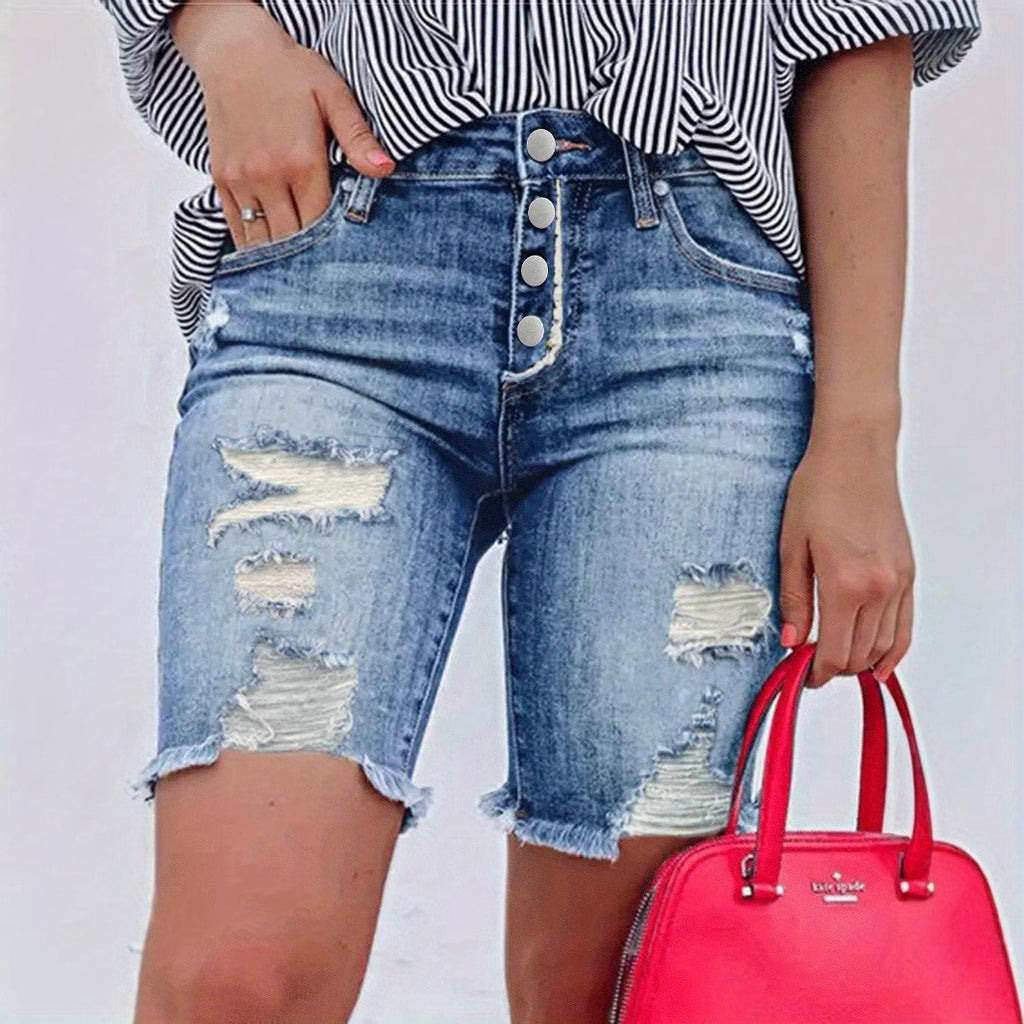 Ripped Elastic Denim Shorts Women High Waist Stretch Casual Summer Jean Shorts Light Blue S-XXL